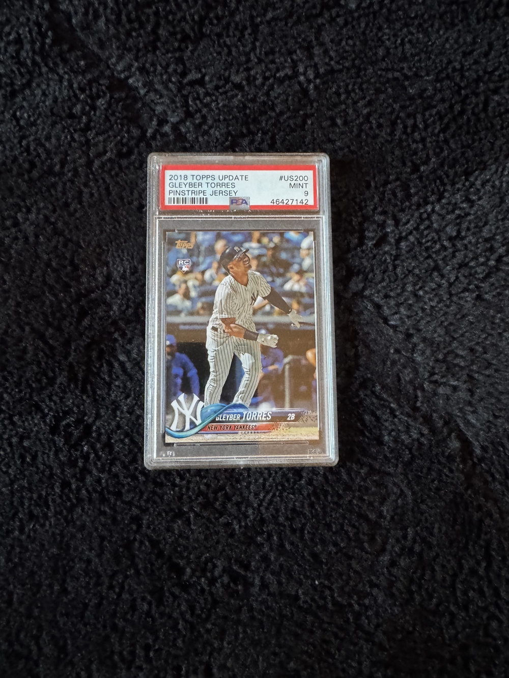 2018 TOPPS Gleyber Torres Pin Stripe Jersey Rookie Card. PSA Graded 9 Mint